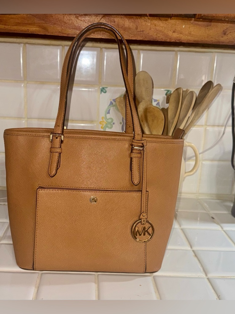 Michael Kors Camel Saffiano Leather Tote with MK Charm